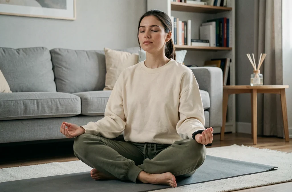 Jeune femme méditant avant de dormir avec un bracelet de suivi du sommeil, pratique favorisant la récupération et la perte de poids
