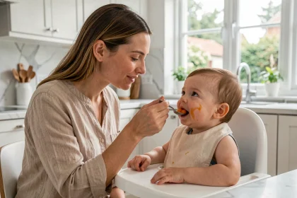 Mère donnant de la purée de légumes à son bébé dans une cuisine moderne, alimentation saine pour nourrisson