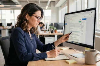 Femme comparant deux interfaces de messagerie sur un écran d'ordinateur avant de migrer vers Mailiz