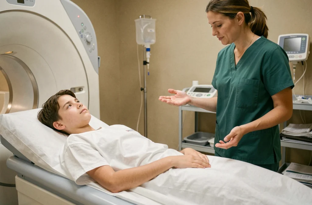 Jeune patient adolescent allongé sur la table d'un scanner avec une infirmière pédiatrique lors d'un examen abdominal avec injection