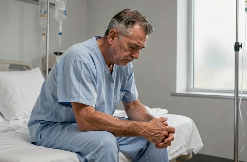 Patient fatigué assis sur un lit d'hôpital en lien avec un traitement médical et des D-dimères élevés