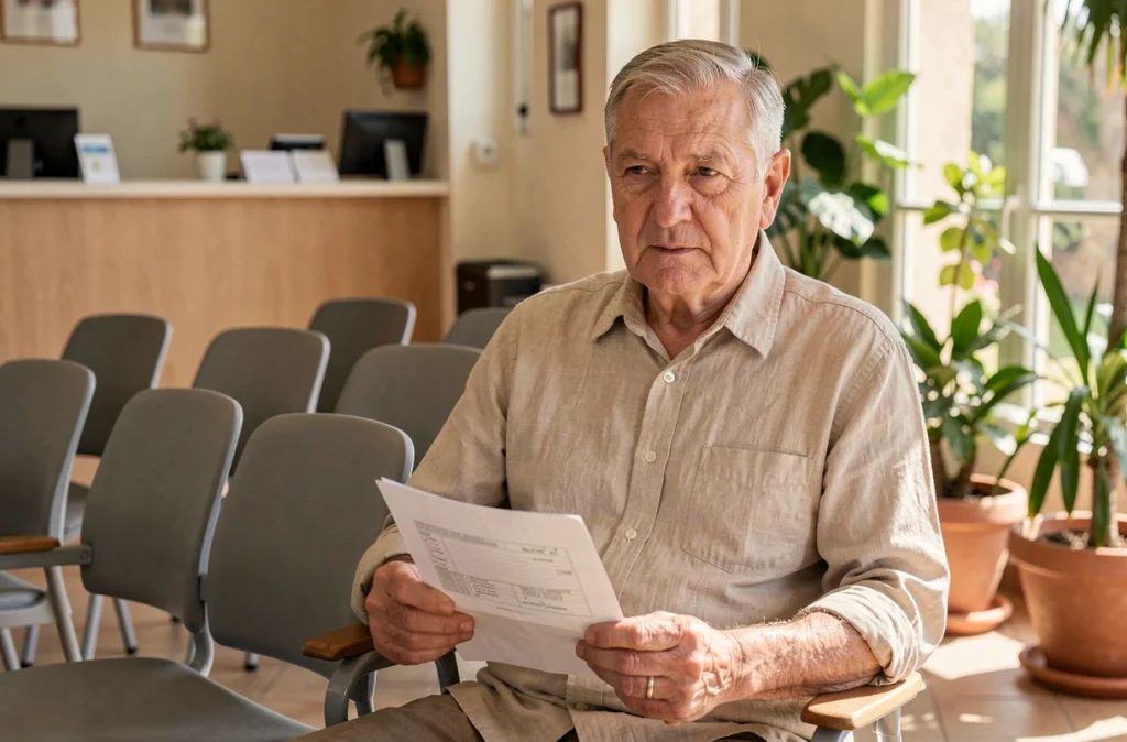 Patient âgé attendant son rendez-vous chez le rhumatologue dans une salle d'attente à Nîmes