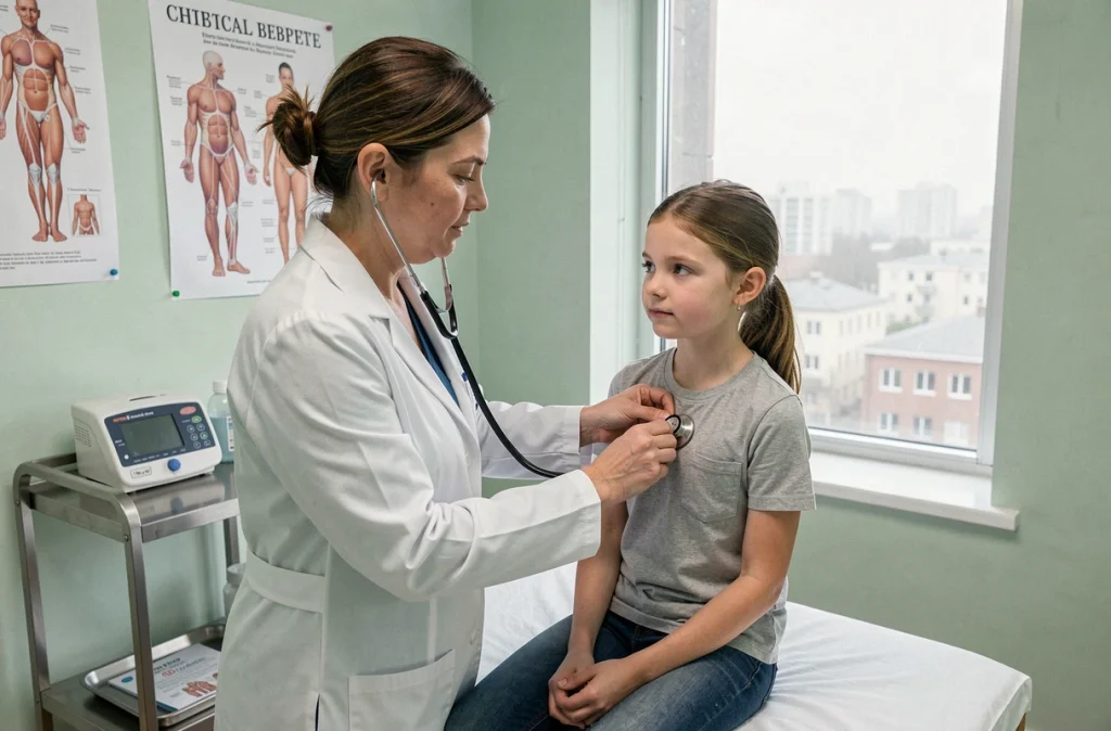 Pédiatre examinant une enfant asthmatique dans un cabinet médical urbain