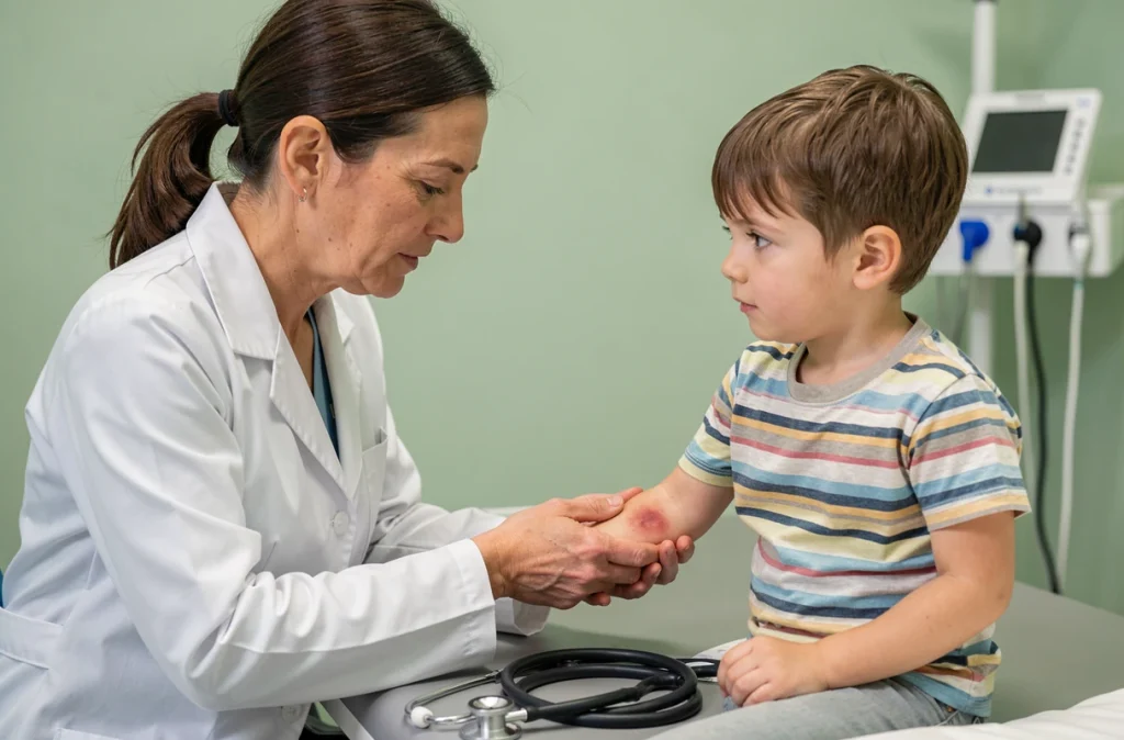 Pédiatre examinant la main gauche d'un enfant en cabinet médical pour identifier une démangeaison