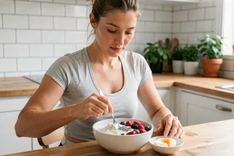 Femme préparant un petit-déjeuner protéiné sain avec yaourt grec, œuf et baies dans une cuisine moderne