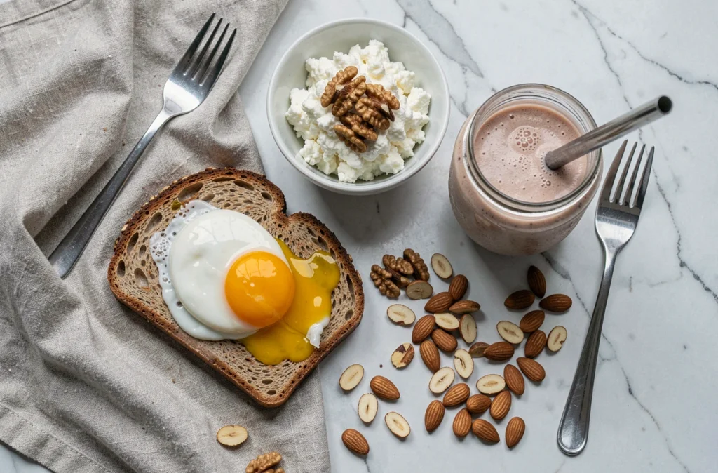 Vue aérienne d'un petit-déjeuner protéiné complet avec œuf poché, cottage cheese et shake protéiné sur marbre