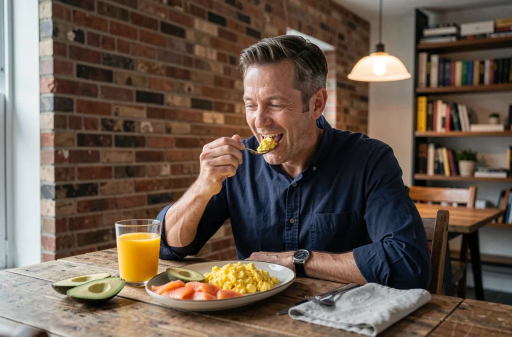 Homme dégustant un petit-déjeuner riche en protéines avec œufs brouillés, saumon fumé et avocat