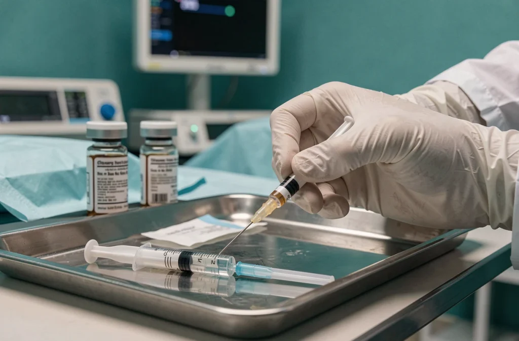 Mains gantées d'un médecin préparant une aiguille spinale pour une rachianesthésie ou une péridurale