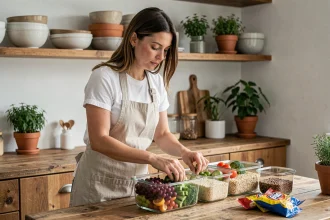 Femme préparant des repas sains à base d'aliments non transformés dans une cuisine en bois, en évitant les produits ultra-transformés pour une alimentation équilibrée