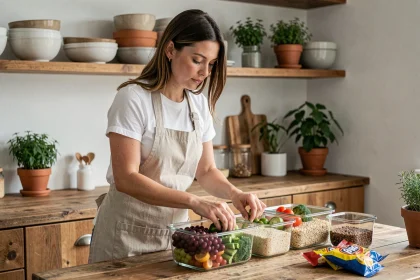Femme préparant des repas sains à base d'aliments non transformés dans une cuisine en bois, en évitant les produits ultra-transformés pour une alimentation équilibrée
