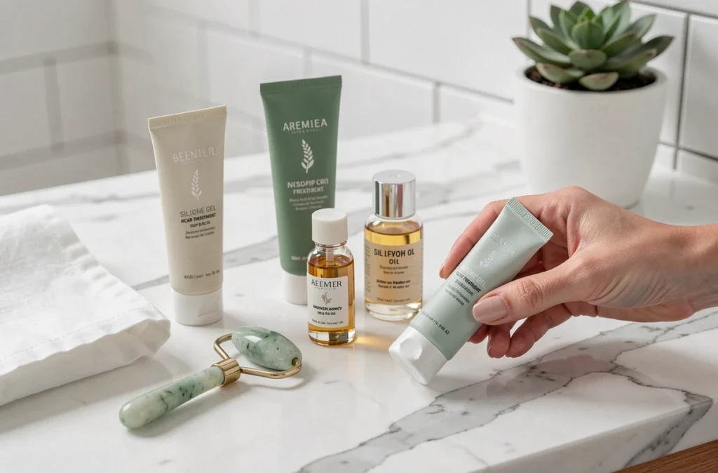 Produits de soin pour cicatrices de césarienne et mont de Vénus disposés sur marbre blanc avec main féminine