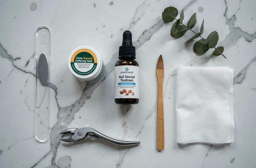 Flat lay de produits de soin pour ongle épais après mycose sur marbre blanc : lime en verre, crème à l'urée, traitement antifongique et coupe-ongles