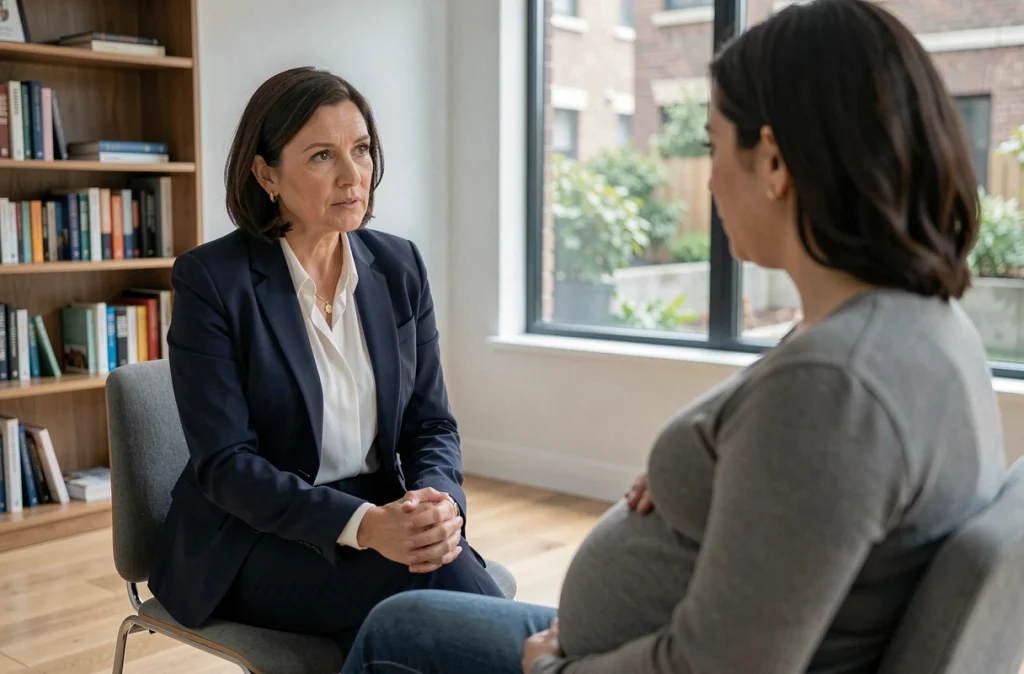 Psychologue en consultation avec une femme enceinte anxieuse, représentant l'accompagnement thérapeutique prénatal en cabinet