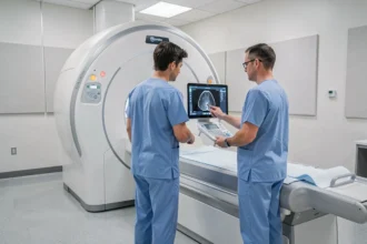 Radiologue pédiatrique devant un scanner abdominal moderne dans une salle d'imagerie médicale hospitalière