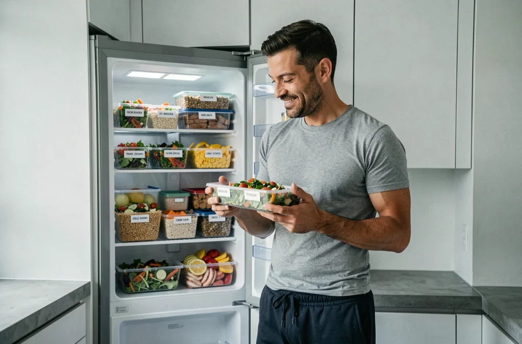 Homme consultant ses repas batch cooking dans un réfrigérateur bien organisé pour une alimentation minceur
