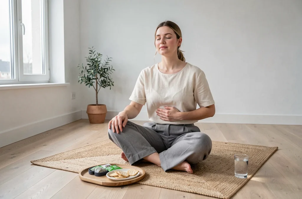 Femme pratiquant la respiration et les remèdes naturels contre les nausées matinales dans un espace calme et minimaliste
