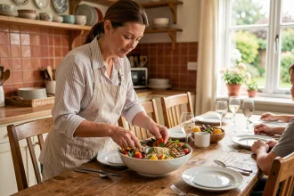 Femme préparant une salade colorée et équilibrée pour un repas de famille autour d'une table rustique en bois