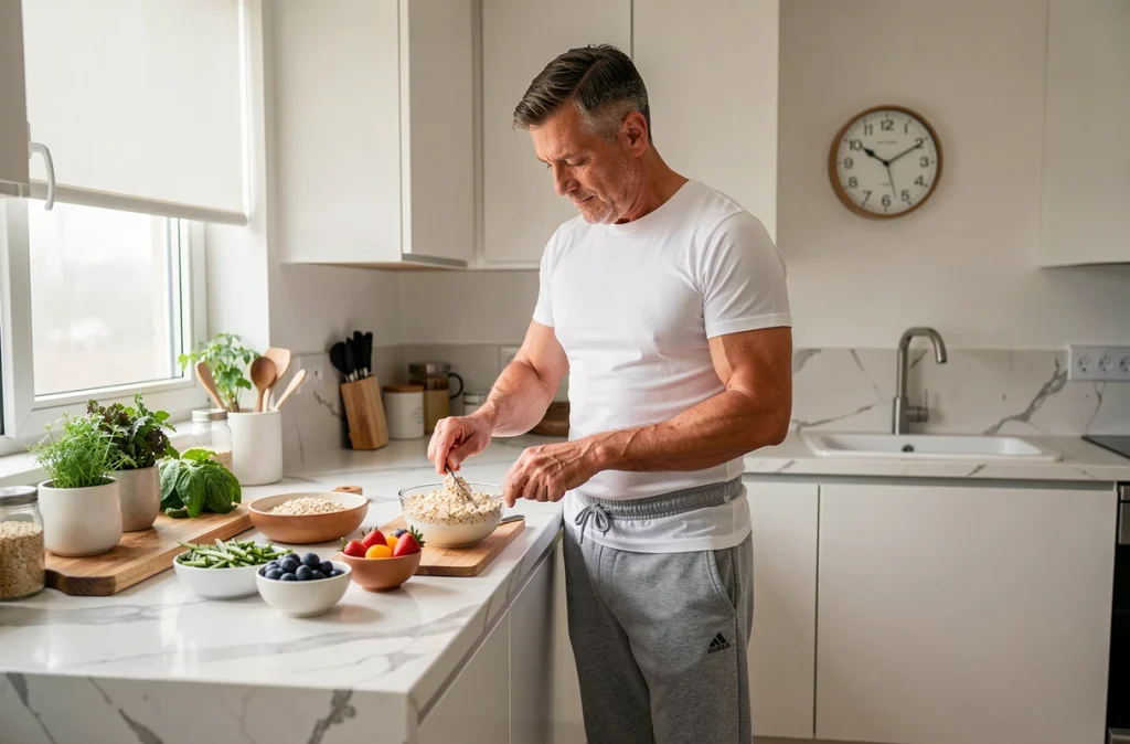 Homme en forme préparant un petit-déjeuner sain après une bonne nuit de sommeil, lien entre repos et gestion du poids