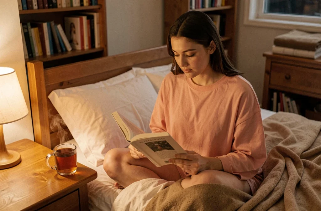 Jeune femme lisant un livre avant de dormir avec une tasse de tisane, illustrant une routine de sommeil saine et apaisante pour améliorer la qualité du repos nocturne