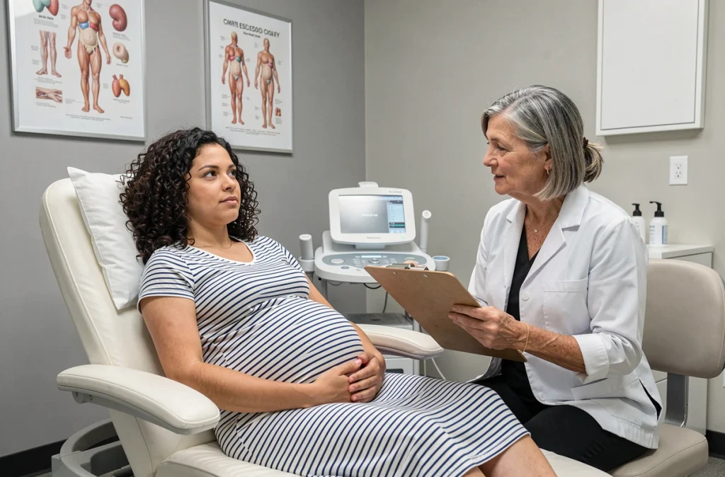 Une sage-femme explique le plan de naissance à une femme enceinte installée dans un fauteuil de consultation dans une maternité moderne