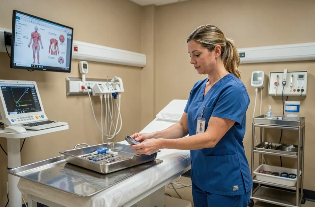 Infirmière préparant une salle d'endoscopie pour un examen de dépistage du cancer colorectal en milieu hospitalier