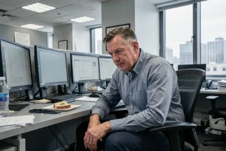 Homme d'âge moyen assis de façon sédentaire devant des écrans d'ordinateur dans un bureau, illustrant les risques cardiovasculaires liés au manque d'activité physique