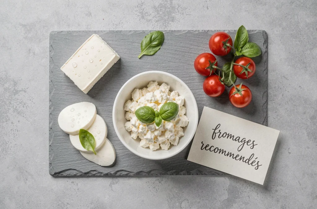 Sélection de fromages recommandés pour les personnes diabétiques et en surpoids, présentée en flat-lay sur ardoise
