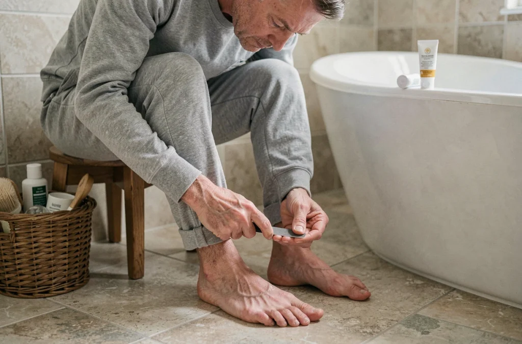 Homme d'âge moyen limage soigneusement un ongle de pied épais dans une salle de bain, avec des produits de soin mycose visibles en arrière-plan