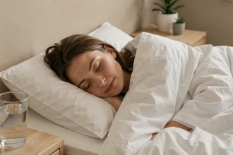 Femme endormie paisiblement dans une chambre minimaliste, illustrant l'importance d'un sommeil de qualité pour la perte de poids