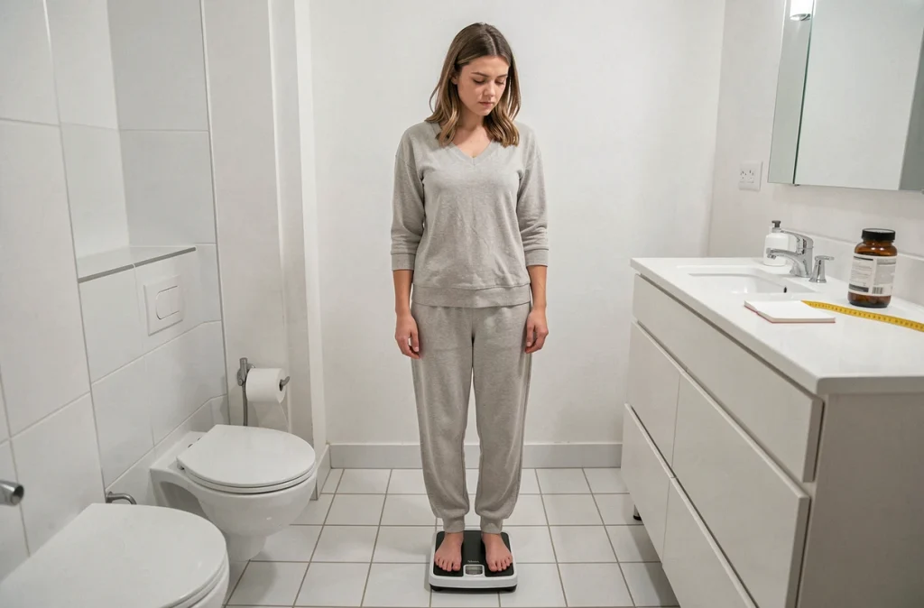 Femme se pesant sur une balance dans une salle de bain avec des compléments minceur IT Works et un carnet de suivi visibles