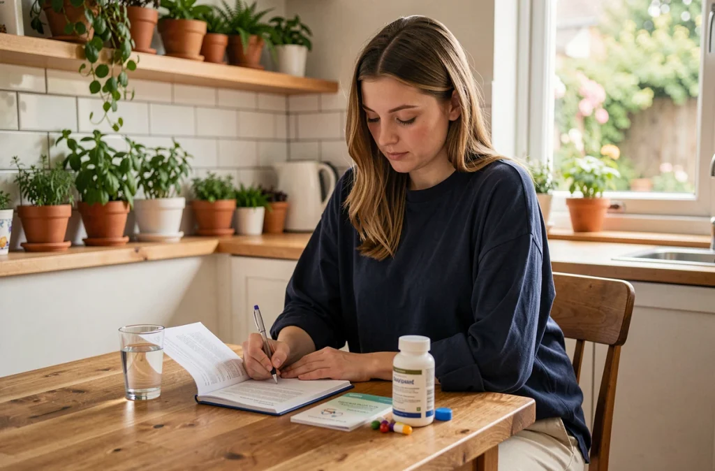 Femme enceinte au premier trimestre consultant ses documents de suivi prénatal et son carnet de rendez-vous médicaux à la maison