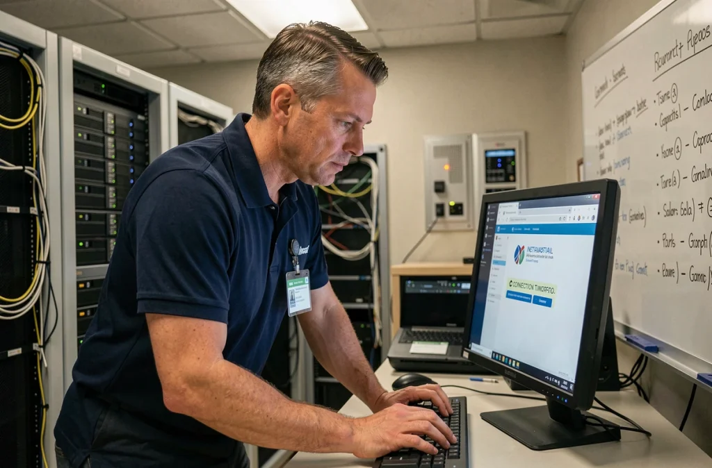 Technicien informatique du CHU résolvant un problème de connexion à l'espace agent de la messagerie hospitalière