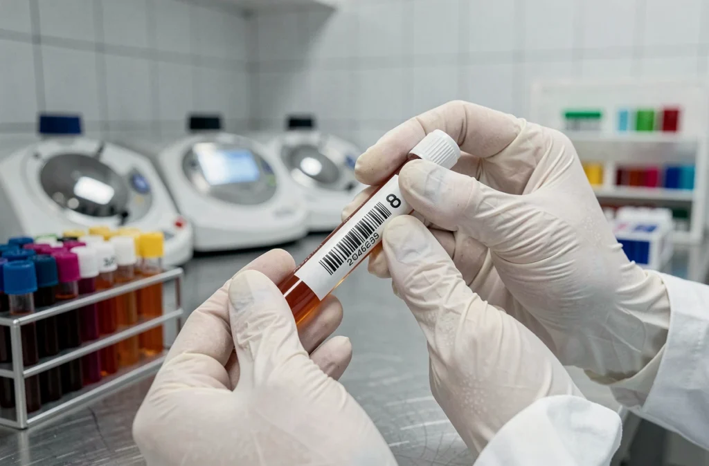 Technicien de laboratoire manipulant un tube de sang pour analyse de D-dimères en laboratoire médical