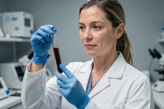 Technicienne de laboratoire tenant un tube de sang pour analyse de carence en fer et CCMH bas