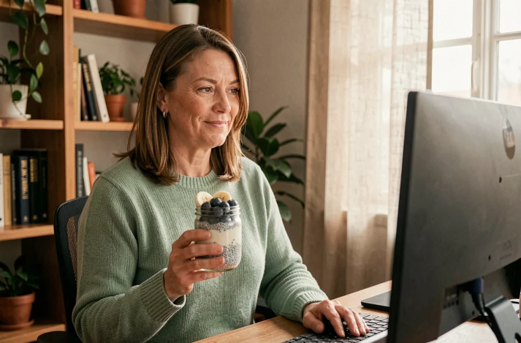 Femme en télétravail savourant un chia pudding aux fruits comme coupe-faim naturel et sain devant son ordinateur