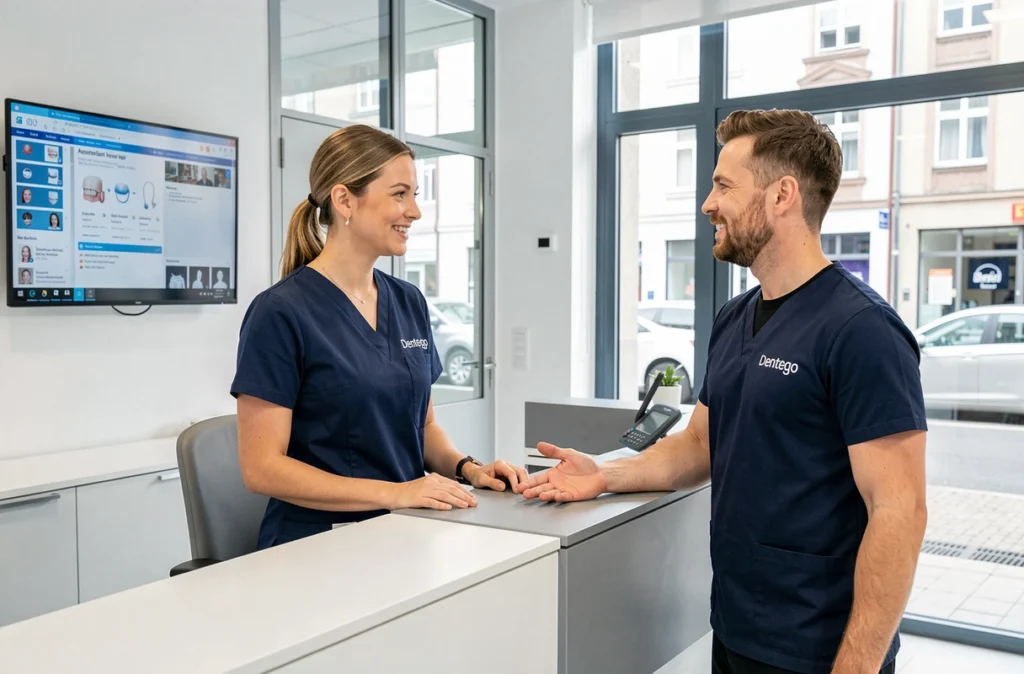 Accueil d'un patient par une assistante dentaire au Centre Dentaire Dentego de Strasbourg