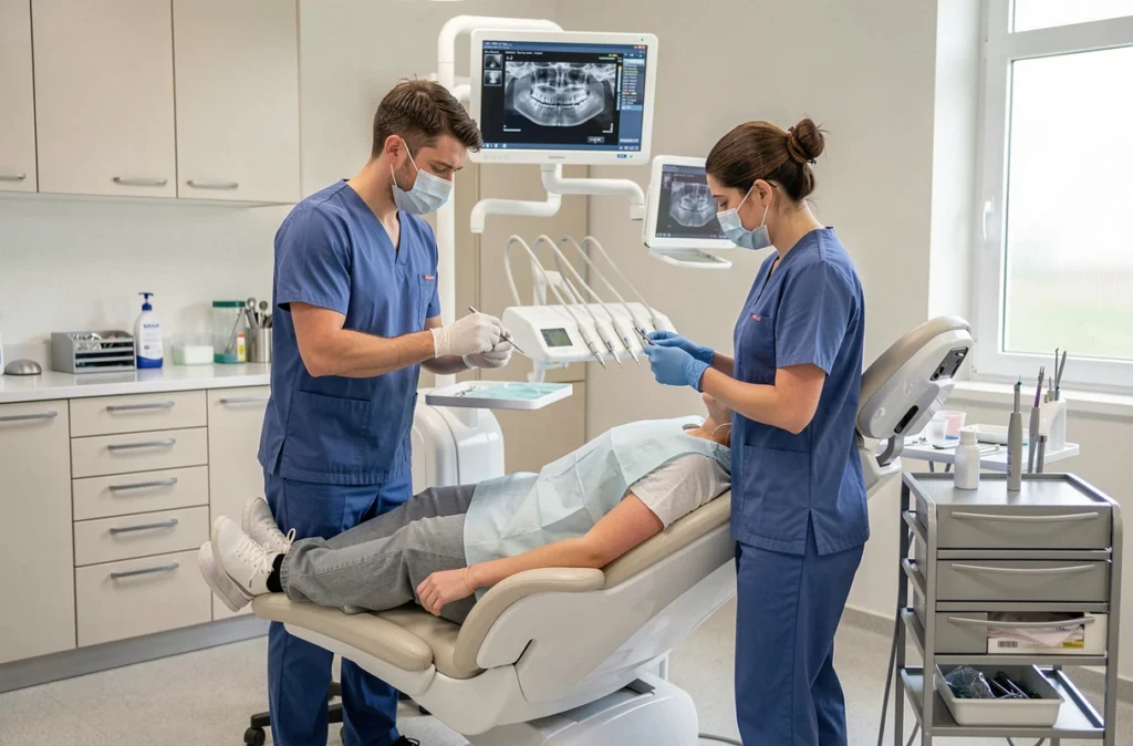 Équipe dentaire préparant un soin au Centre de Santé Dentaire Mutualiste d'Haguenau