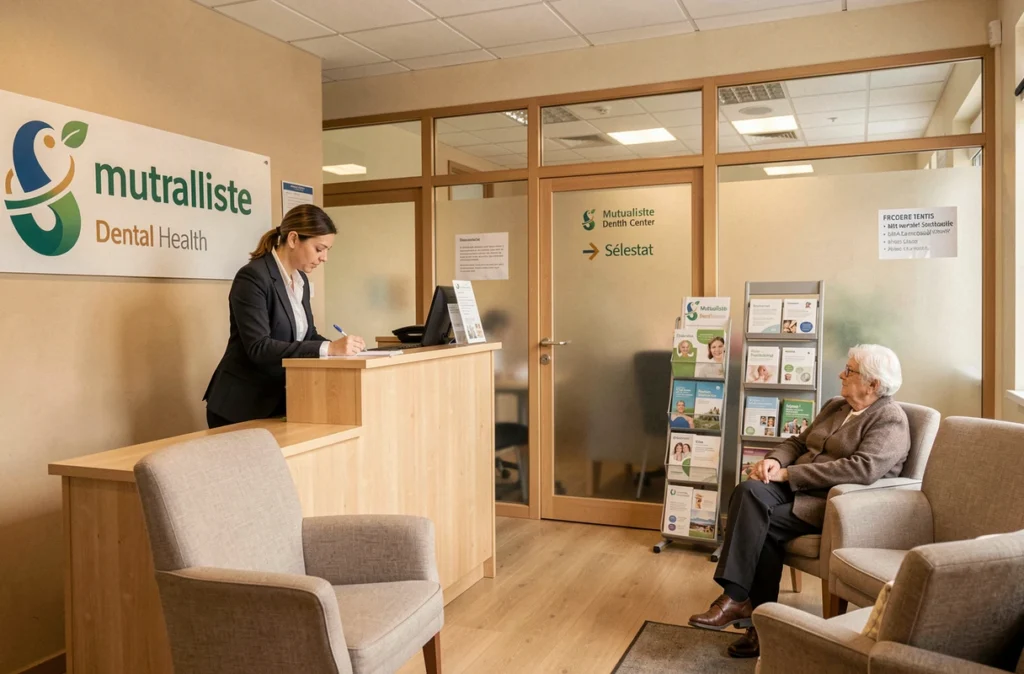 Réception chaleureuse du Centre de Santé Dentaire Mutualiste de Sélestat avec accueil d'un patient âgé