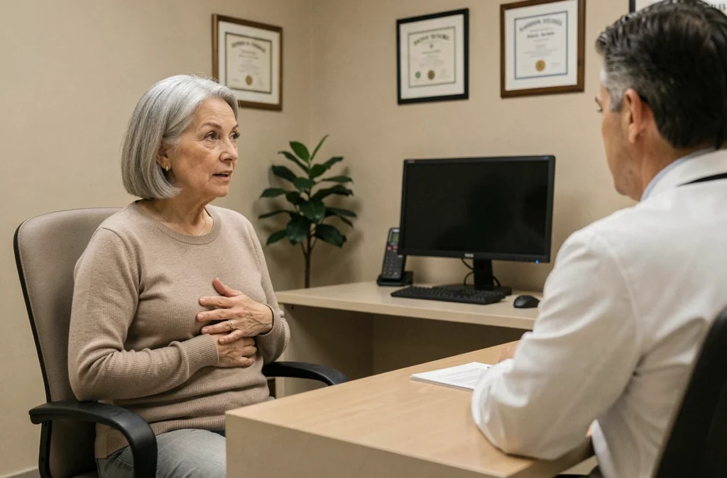 Consultation médicale entre une patiente souffrant de douleurs de nuque et un gastroentérologue évoquant le lien avec l'estomac