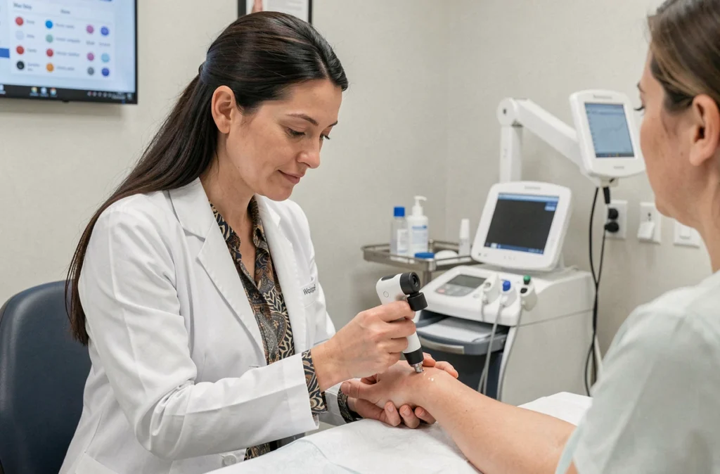 Dermatologue femme examinant la peau d'une patiente avec un dermatoscope dans un cabinet médical à Woippy