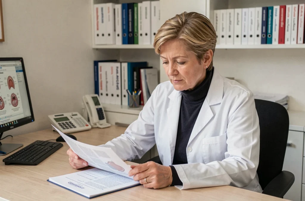 Dermatologue femme expérimentée consultant un dossier patient dans son cabinet dans le Grand Est