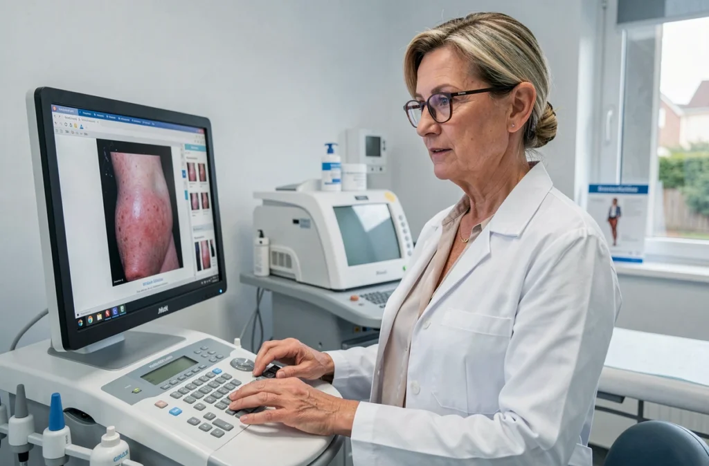 Dermatologue femme en blouse blanche analysant des photos diagnostiques sur moniteur dans un cabinet du Grand Est