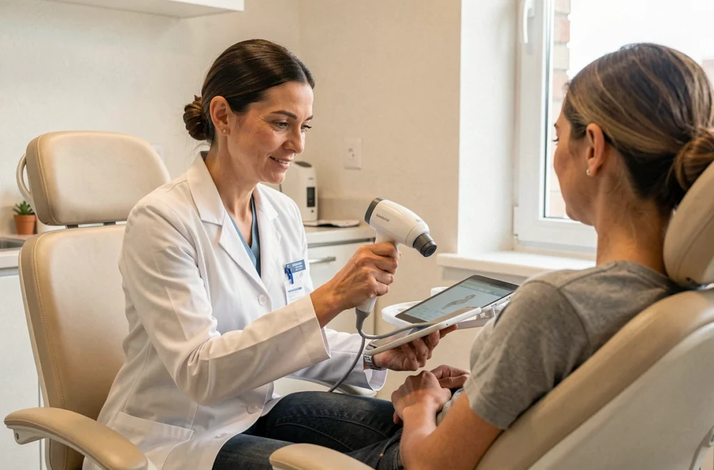 Dermatologue femme effectuant une consultation dermatologique avec dermatoscope numérique dans un cabinet du Grand Est