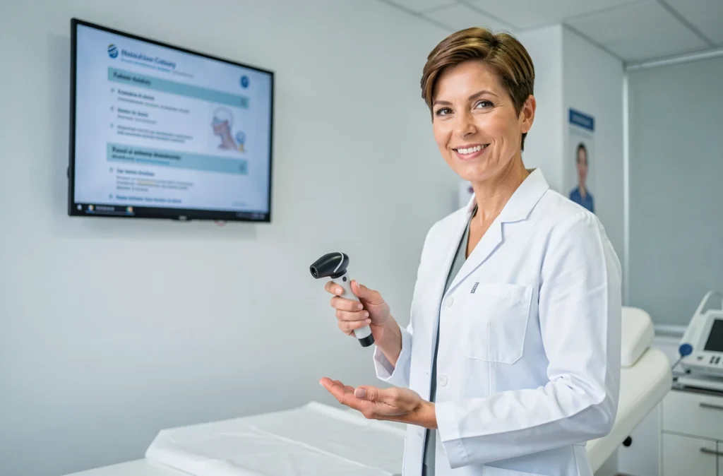 Dermatologue souriante en blouse blanche debout dans une salle de consultation dermatologique à Reims