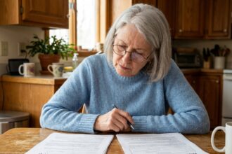 Une femme senior comparant des devis de mutuelle santé imprimés à sa table de cuisine avec attention