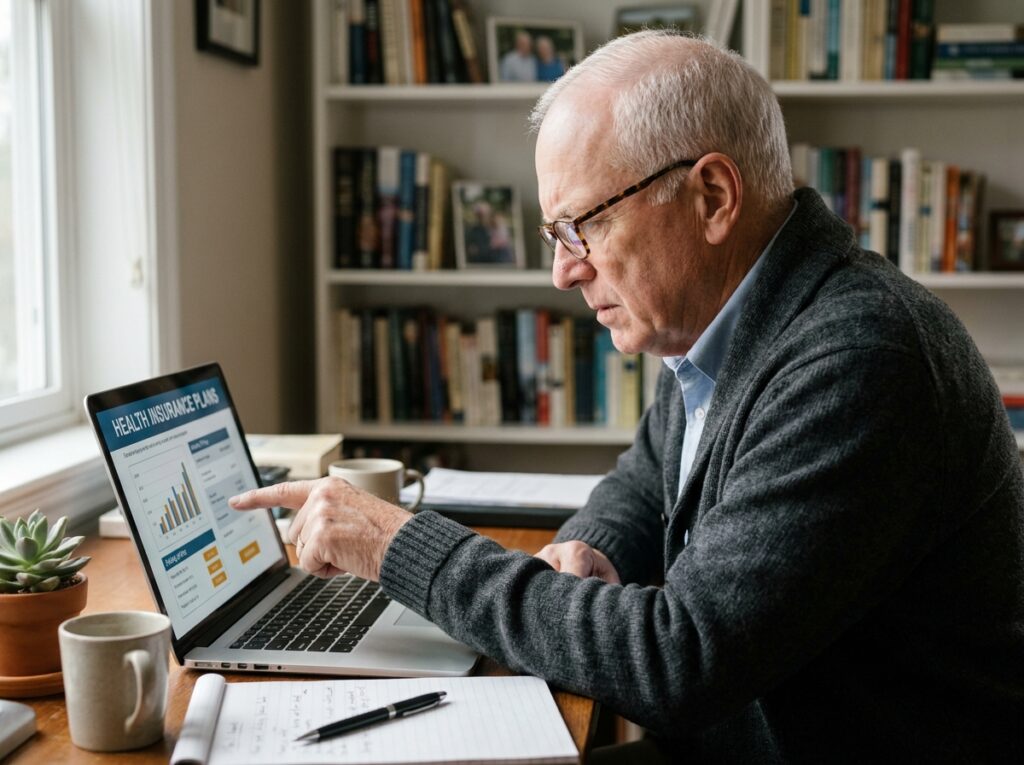 Un homme âgé comparant des offres de mutuelle senior sur un ordinateur portable dans son bureau à domicile