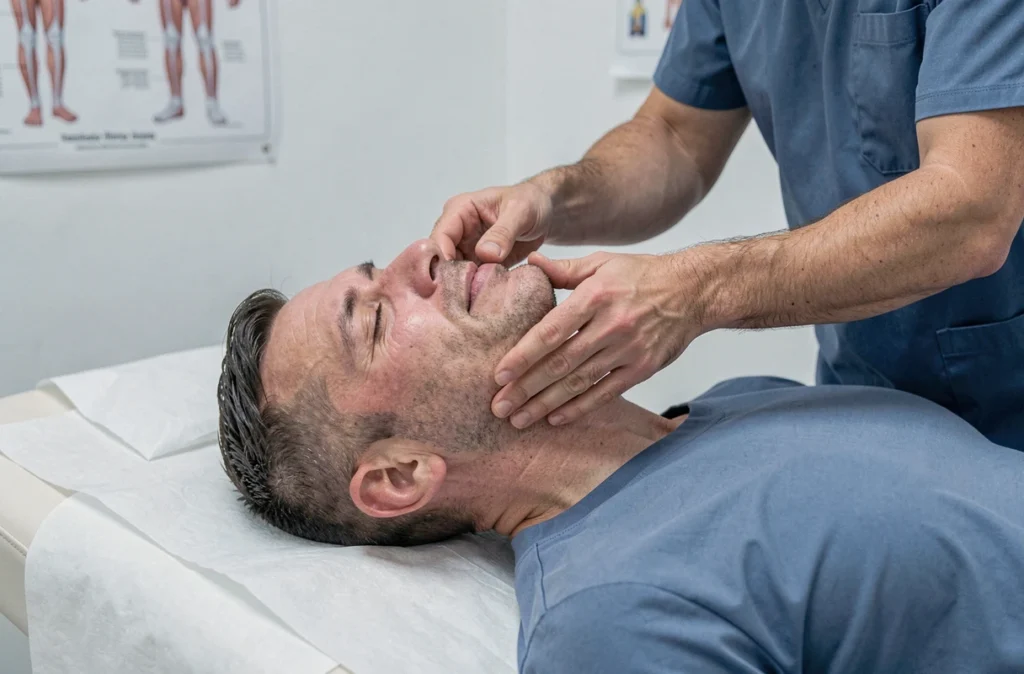 Séance de kinésithérapie pour traiter les douleurs au nerf d'Arnold et les tensions cervicales liées à l'estomac