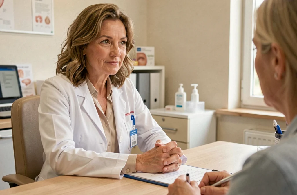 Dermatologue femme en consultation dans son cabinet médical à Épinal, à l'écoute de sa patiente