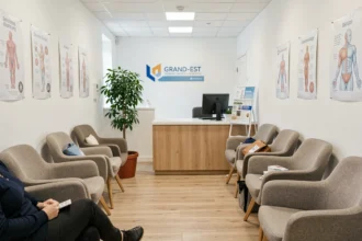 Salle d'attente moderne d'un cabinet de dermatologie dans le Grand Est, avec un accueil soigné et une ambiance médicale apaisante