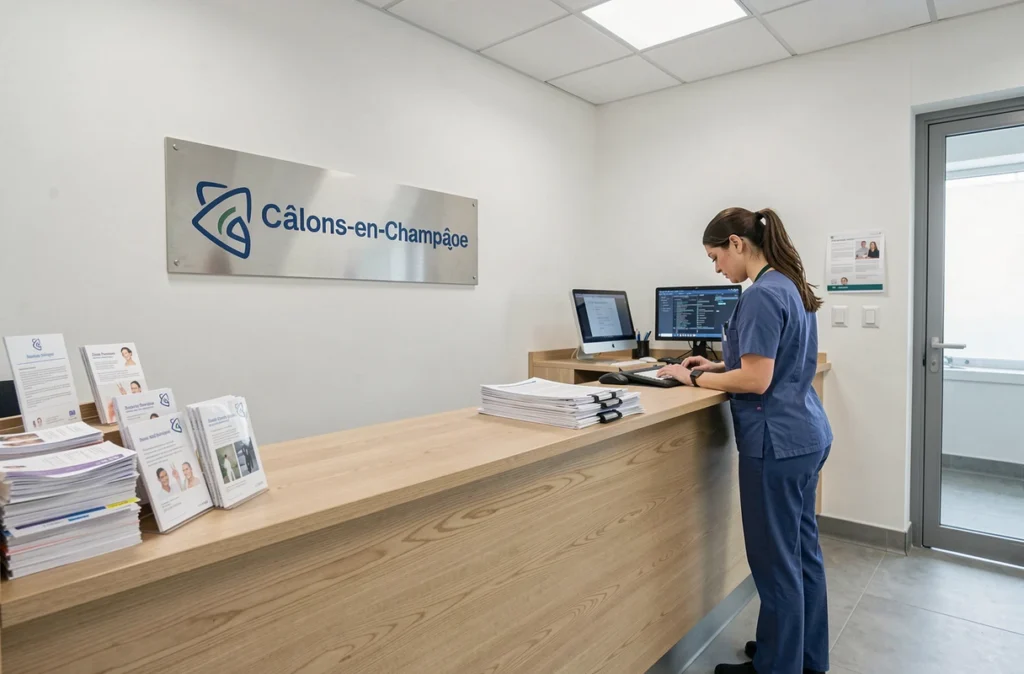 Accueil du centre de dermatologie SELARL Dermoto à Châlons-en-Champagne avec réceptionniste et comptoir médical moderne